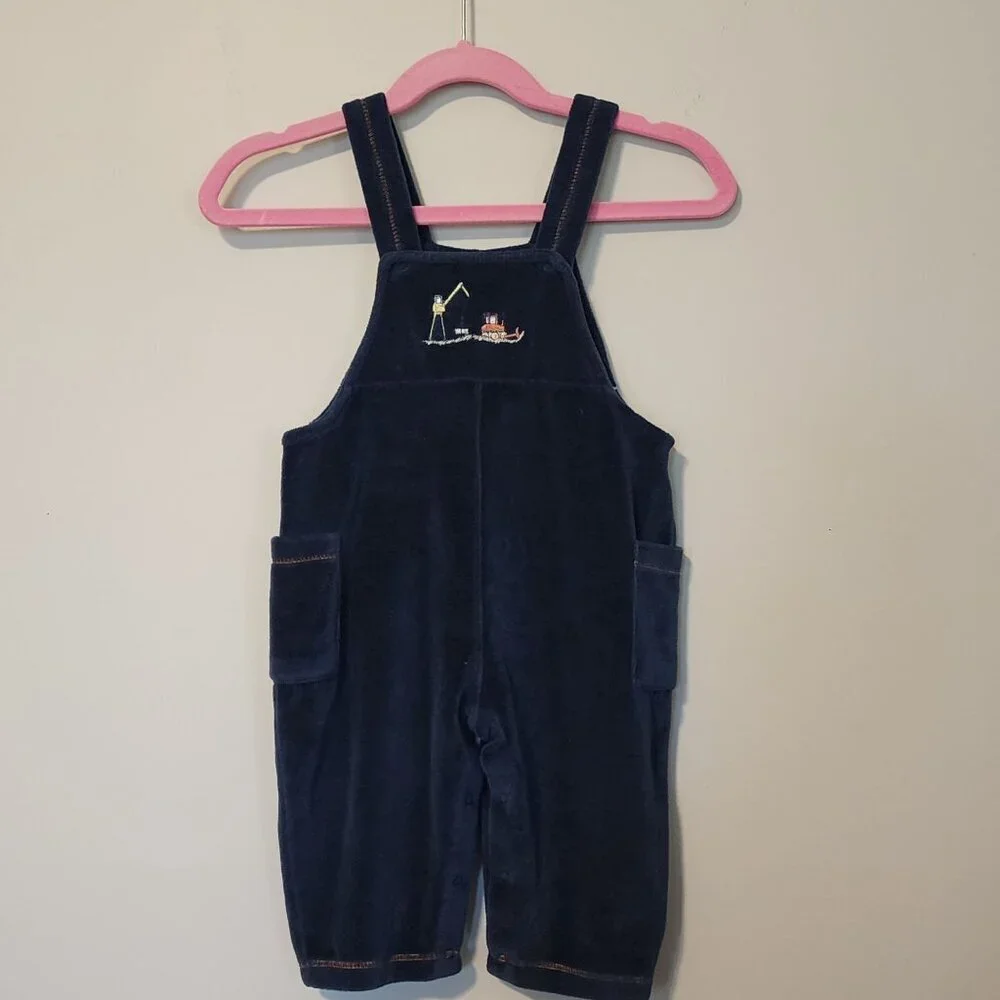 Kissy Kissy baby boy blue velour overalls 12-18 m Construction Vehicles
